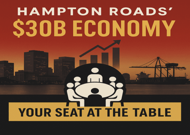 Hampton_Roads_Economy_Your_Seat_700x500 Illustration of Hampton Roads skyline and port with business table graphic promoting the $30B economy and message “Your Seat at the Table.”