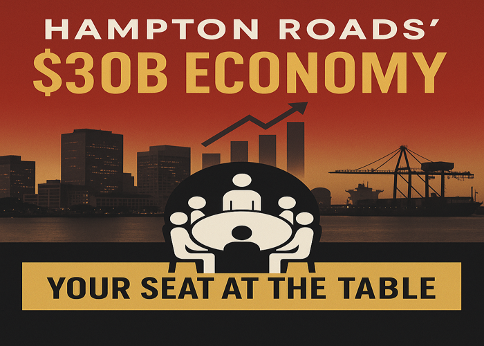 Hampton_Roads_Economy_Your_Seat_700x500 Illustration of Hampton Roads skyline and port with business table graphic promoting the $30B economy and message “Your Seat at the Table.”